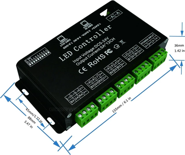 Alt view image 3 of 7 - 12 Channel DMX Decoder RGB Controller 60A PWM DMX512 Dimmer Driver for RGB Light Strip and LED Module Light DC12V-24V