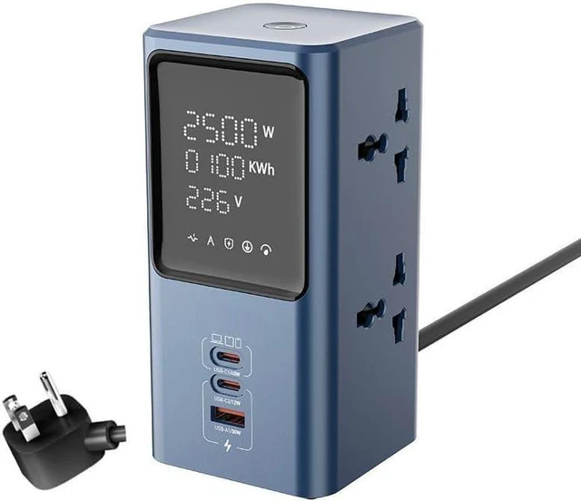 Main image of Power Strip Tower with LED Display, Multi-Outlet USB Charging Station, 2 USB-C Ports, Travel Compatible with European and UK Plug for Phone Computer