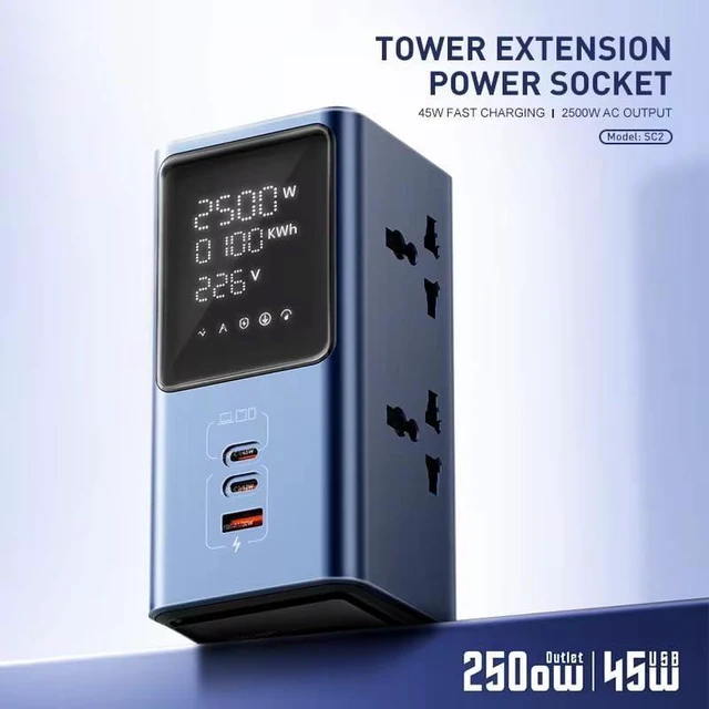 Alt view image 2 of 7 - Power Strip Tower with LED Display, Multi-Outlet USB Charging Station, 2 USB-C Ports, Travel Compatible with European and UK Plug for Phone Computer