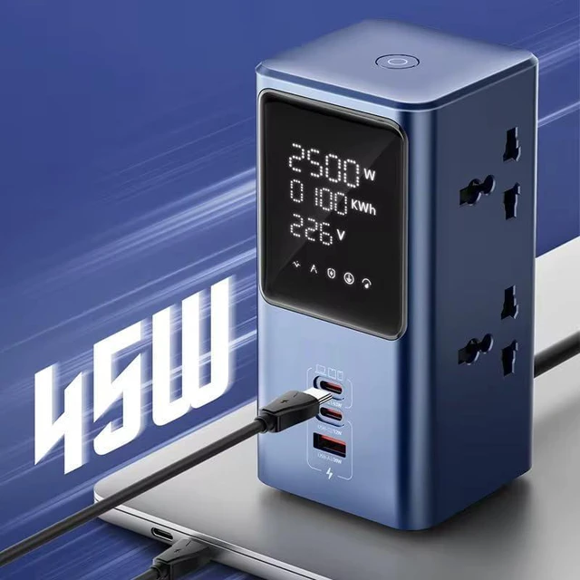 Alt view image 4 of 7 - Power Strip Tower with LED Display, Multi-Outlet USB Charging Station, 2 USB-C Ports, Travel Compatible with European and UK Plug for Phone Computer