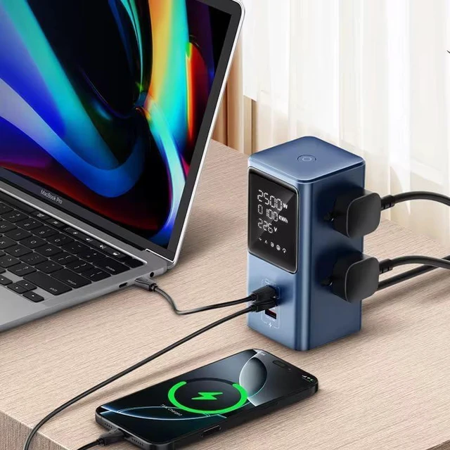 Alt view image 6 of 7 - Power Strip Tower with LED Display, Multi-Outlet USB Charging Station, 2 USB-C Ports, Travel Compatible with European and UK Plug for Phone Computer