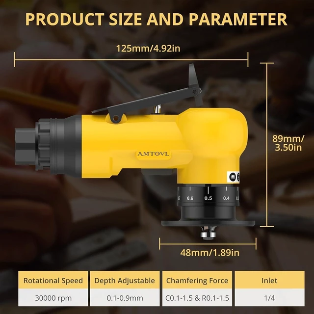 Alt view image 2 of 7 - Pneumatic Chamfering Tool - Mini Air Chamfer Tool with 10 C-Angle & 10 R-Angle Blades, 45° 30000 RPM Chamfering Tool for Metal and Wood with 1/4" Air Inlet