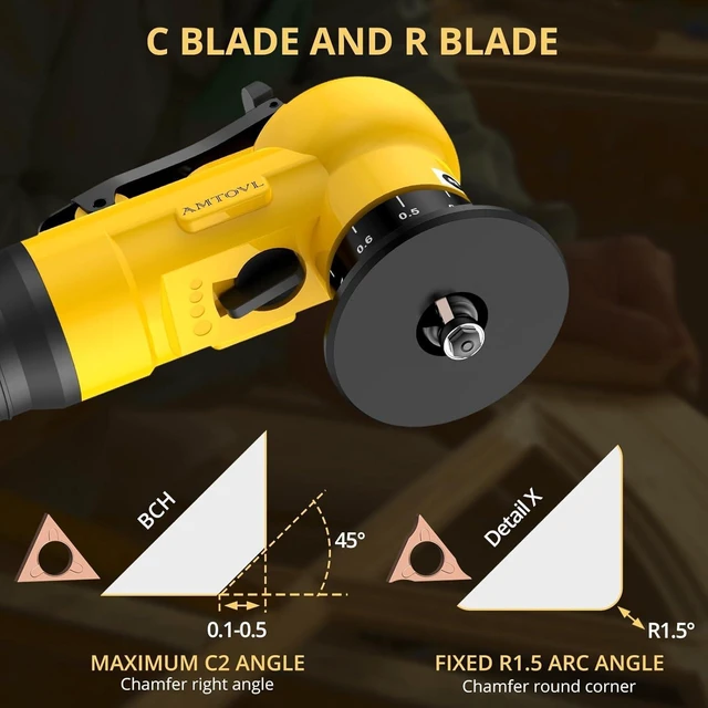 Alt view image 4 of 7 - Pneumatic Chamfering Tool - Mini Air Chamfer Tool with 10 C-Angle & 10 R-Angle Blades, 45° 30000 RPM Chamfering Tool for Metal and Wood with 1/4" Air Inlet