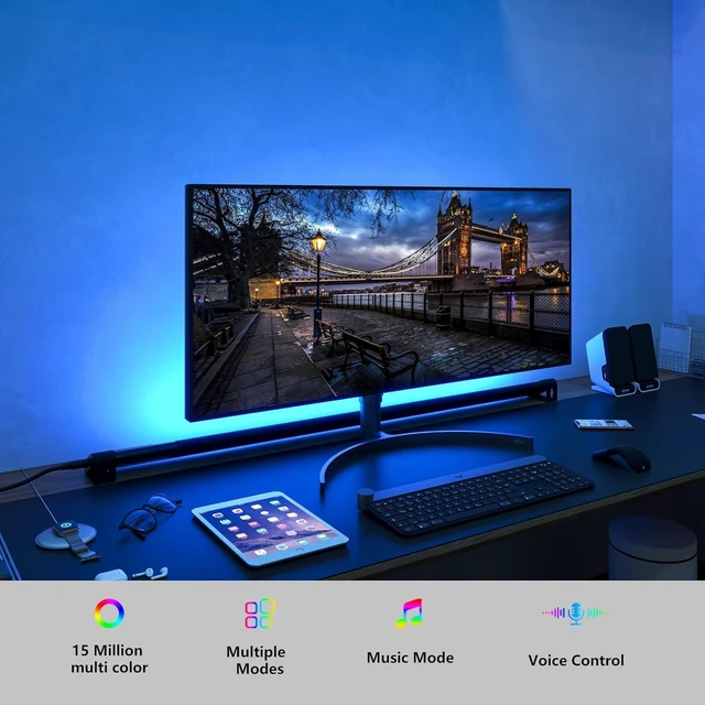 Alt view image 4 of 6 - Under Monitor RGB Light Bar, LED for Desk Gaming Setup, Plug in Keyboard Light, White and Million Color Bias Lighting, Wireless Remote, Alexa Smart LED Lights for Room Decor, Desk PC TV(24 INCH)