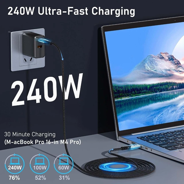 Alt view image 4 of 7 - usb c to usb c 2 PACK 6FT/2M Compatible With Thunderbolt 5 usb-c Cable high Speed 80GbpsData Transfer,16K/8K/4K Video, Braided type c to type c Charger Cord, 240W PD Fast Charging for thunderbolt 4/3