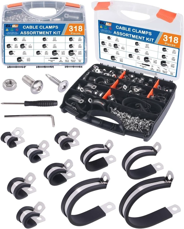 Main image of 328PCS Cable Clamps Assortment Kit, 304 Stainless Steel Rubber Cushion Pipe Clamps, 9 Sizes 1/4" 5/16" 3/8" 1/2" 5/8" 3/4" 1" 1-1/4" 1-1/2" Wire Clamps with Screws, Screwdriver, Handheld Box