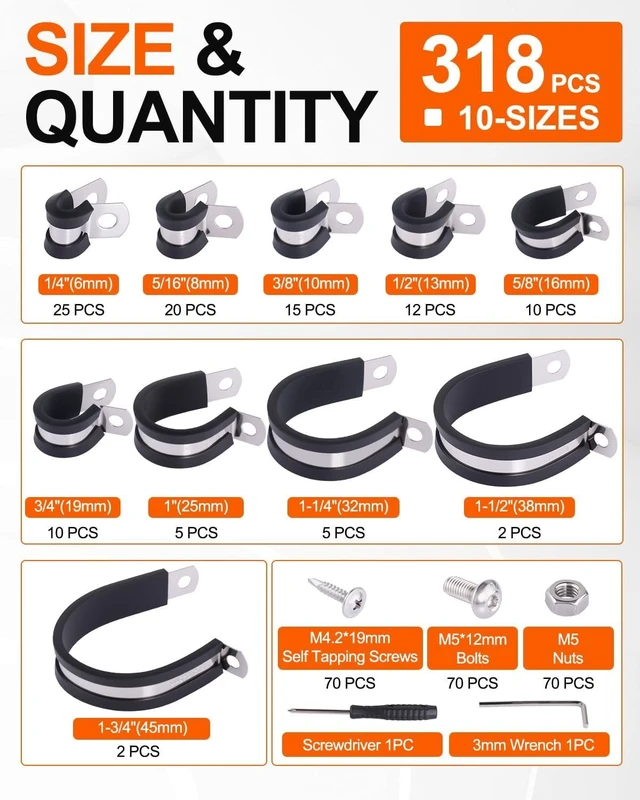 Alt view image 2 of 7 - 328PCS Cable Clamps Assortment Kit, 304 Stainless Steel Rubber Cushion Pipe Clamps, 9 Sizes 1/4" 5/16" 3/8" 1/2" 5/8" 3/4" 1" 1-1/4" 1-1/2" Wire Clamps with Screws, Screwdriver, Handheld Box