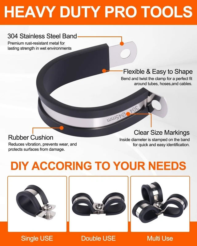 Alt view image 4 of 7 - 328PCS Cable Clamps Assortment Kit, 304 Stainless Steel Rubber Cushion Pipe Clamps, 9 Sizes 1/4" 5/16" 3/8" 1/2" 5/8" 3/4" 1" 1-1/4" 1-1/2" Wire Clamps with Screws, Screwdriver, Handheld Box