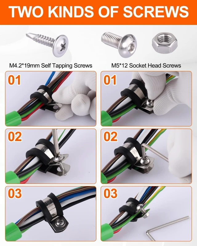 Alt view image 5 of 7 - 328PCS Cable Clamps Assortment Kit, 304 Stainless Steel Rubber Cushion Pipe Clamps, 9 Sizes 1/4" 5/16" 3/8" 1/2" 5/8" 3/4" 1" 1-1/4" 1-1/2" Wire Clamps with Screws, Screwdriver, Handheld Box