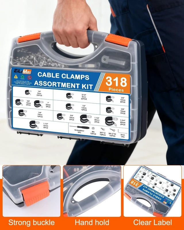 Alt view image 6 of 7 - 328PCS Cable Clamps Assortment Kit, 304 Stainless Steel Rubber Cushion Pipe Clamps, 9 Sizes 1/4" 5/16" 3/8" 1/2" 5/8" 3/4" 1" 1-1/4" 1-1/2" Wire Clamps with Screws, Screwdriver, Handheld Box