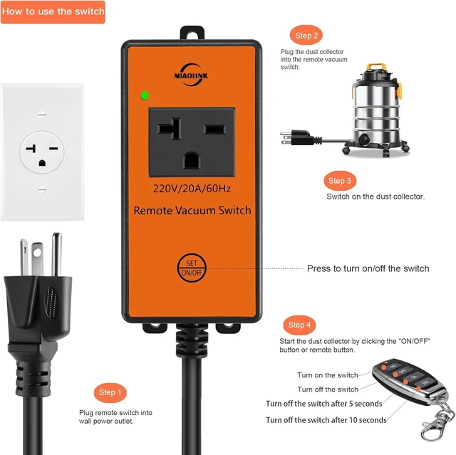 Alt view image 2 of 7 - 220v Automatic Remote Vacuum Switch Wireless Remote for Dust Collector and Table Saw Tools Starter Outlet Switch, 5S 10S Delay OFF(Battery Included)