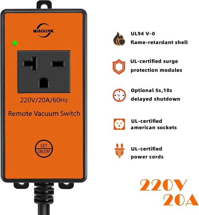 Alt view image 4 of 7 - 220v Automatic Remote Vacuum Switch Wireless Remote for Dust Collector and Table Saw Tools Starter Outlet Switch, 5S 10S Delay OFF(Battery Included)
