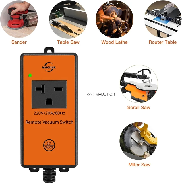 Alt view image 3 of 7 - 220v Automatic Remote Vacuum Switch Wireless Remote for Dust Collector and Table Saw Tools Starter Outlet Switch, 5S 10S Delay OFF(Battery Included)