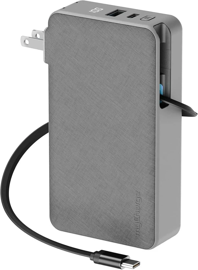 Main image of RetractaCharger 10000mAh Portable Charger Power Bank with 28-Inch Retractable USB-C Cable | Built-in Wall Plug | 30W PD Fast Charging | USB-C & A Ports | Digital Display | Grey