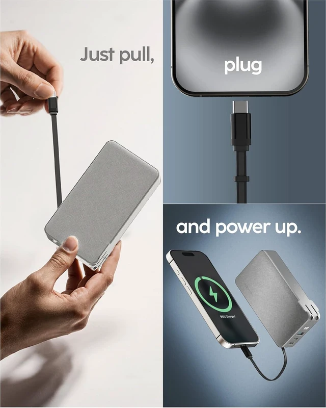 Alt view image 2 of 7 - RetractaCharger 10000mAh Portable Charger Power Bank with 28-Inch Retractable USB-C Cable | Built-in Wall Plug | 30W PD Fast Charging | USB-C & A Ports | Digital Display | Grey
