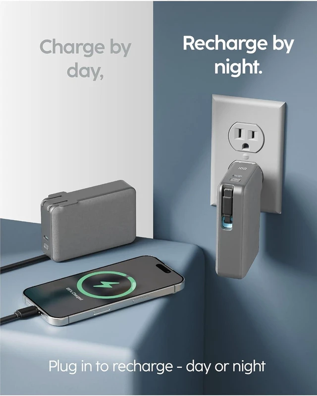 Alt view image 3 of 7 - RetractaCharger 10000mAh Portable Charger Power Bank with 28-Inch Retractable USB-C Cable | Built-in Wall Plug | 30W PD Fast Charging | USB-C & A Ports | Digital Display | Grey