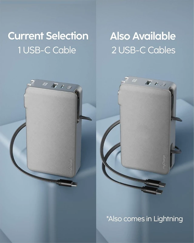 Alt view image 6 of 7 - RetractaCharger 10000mAh Portable Charger Power Bank with 28-Inch Retractable USB-C Cable | Built-in Wall Plug | 30W PD Fast Charging | USB-C & A Ports | Digital Display | Grey