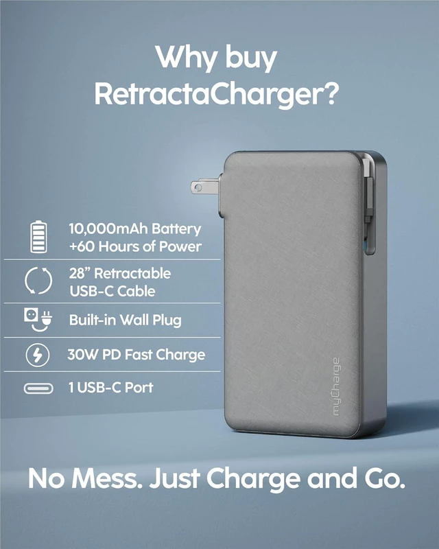Alt view image 7 of 7 - RetractaCharger 10000mAh Portable Charger Power Bank with 28-Inch Retractable USB-C Cable | Built-in Wall Plug | 30W PD Fast Charging | USB-C & A Ports | Digital Display | Grey