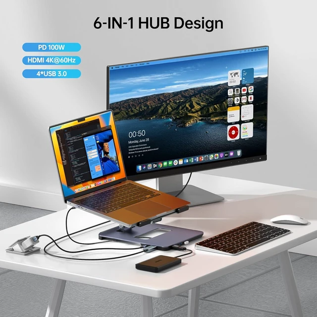 Alt view image 2 of 7 - Laptop Stand with USB C 6in1 Docking Station, HDMI 4K@60Hz, 4*USB3.0, 100W PD Compatible with MacBook Pro/Air, iPad Pro, XPS, Thinkpad