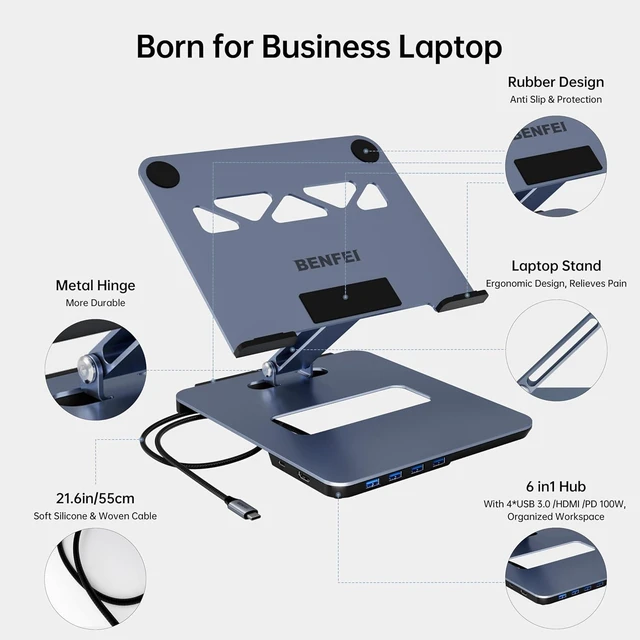 Alt view image 6 of 7 - Laptop Stand with USB C 6in1 Docking Station, HDMI 4K@60Hz, 4*USB3.0, 100W PD Compatible with MacBook Pro/Air, iPad Pro, XPS, Thinkpad