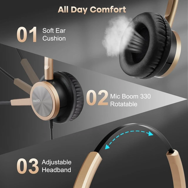 Alt view image 5 of 7 - Phone Headset with RJ9 & 3.5mm Jacks for Call Center Deskphone Cell Phone PC Laptop, Office Landline Telephone Headset with Microphone Noise Canceling for Polycom Avaya Nortel