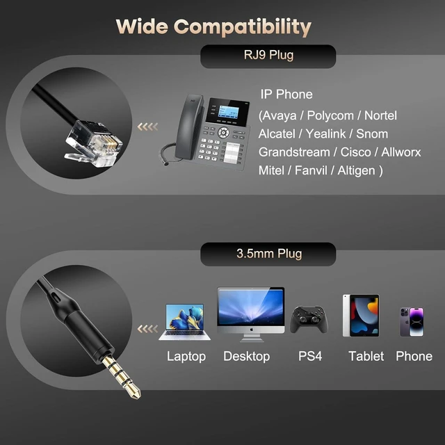 Alt view image 7 of 7 - Phone Headset with RJ9 & 3.5mm Jacks for Call Center Deskphone Cell Phone PC Laptop, Office Landline Telephone Headset with Microphone Noise Canceling for Polycom Avaya Nortel