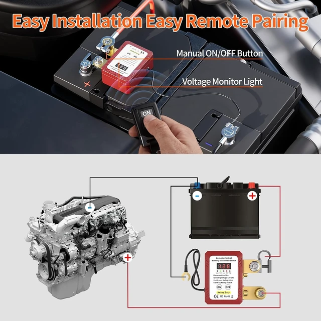 Alt view image 4 of 6 - Remote 300A 12V24V Battery Disconnect Switch Positive-Side Kill Switch with LED Voltage Display, Anti-Theft Auto Shut-Off for Car, Truck & Boat