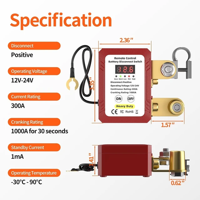 Alt view image 2 of 6 - Remote 300A 12V24V Battery Disconnect Switch Positive-Side Kill Switch with LED Voltage Display, Anti-Theft Auto Shut-Off for Car, Truck & Boat