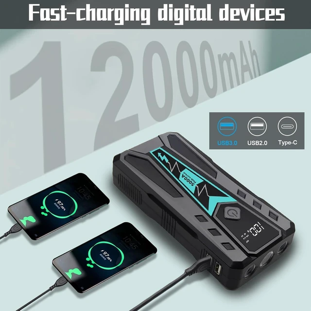 Alt view image 3 of 7 - 5000A Car Jump Starter, Portable Battery Jump Starter for Car with Hard Case Bag, 12000mAh Power Bank Jump Pack for 10.0L Gas/9.0L Diesel Engines with LED Flashlight