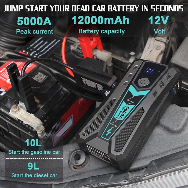Alt view image 2 of 7 - 5000A Car Jump Starter, Portable Battery Jump Starter for Car with Hard Case Bag, 12000mAh Power Bank Jump Pack for 10.0L Gas/9.0L Diesel Engines with LED Flashlight