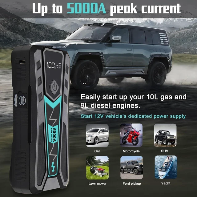Alt view image 7 of 7 - 5000A Car Jump Starter, Portable Battery Jump Starter for Car with Hard Case Bag, 12000mAh Power Bank Jump Pack for 10.0L Gas/9.0L Diesel Engines with LED Flashlight