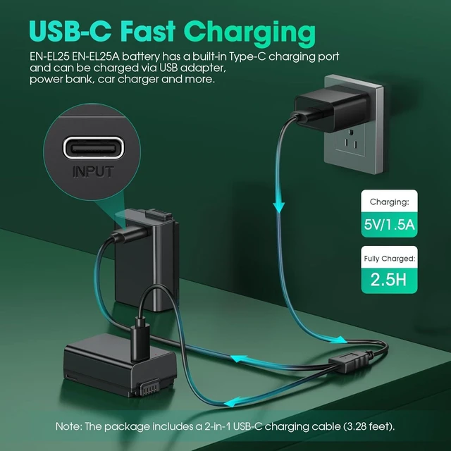 Alt view image 2 of 7 - EN-EL25 EN-EL25a Battery, 2-Pack 1600mAh with USB-C Fast Charging, Compatible with ZFC, Z30, Z50 Camera and MH-32 Charger