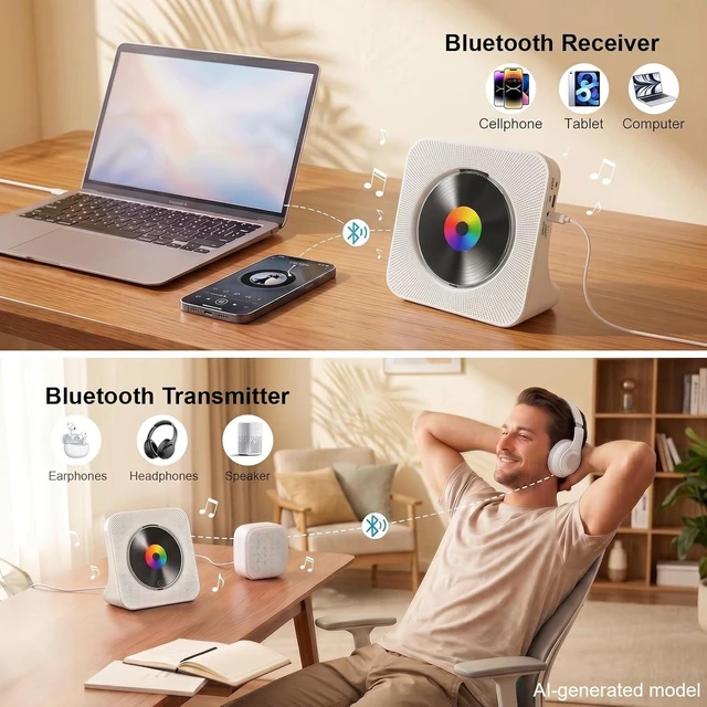 Alt view image 2 of 7 - CD Player Portable Bluetooth Desktop CD Player for Home with Timer Built-in HiFi Speakers with LCD Screen Display Boombox FM Radio USB Type-c (White)