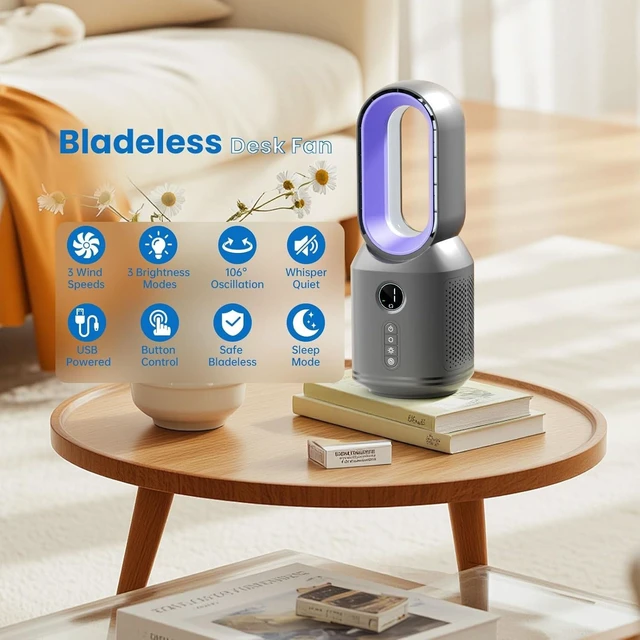 Alt view image 2 of 7 - Desk Fan,13 Inch Portable Bladeless Fan, Small Quiet Office Fan with 106° Oscillating, 3 Speeds & Night light, LED Display, Button Control, Personal Table Fan for Bedroom, Office, Home, Study Room