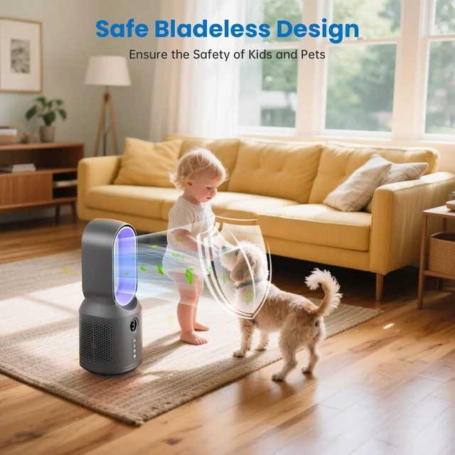 Alt view image 3 of 7 - Desk Fan,13 Inch Portable Bladeless Fan, Small Quiet Office Fan with 106° Oscillating, 3 Speeds & Night light, LED Display, Button Control, Personal Table Fan for Bedroom, Office, Home, Study Room