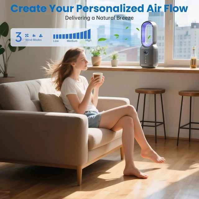 Alt view image 4 of 7 - Desk Fan,13 Inch Portable Bladeless Fan, Small Quiet Office Fan with 106° Oscillating, 3 Speeds & Night light, LED Display, Button Control, Personal Table Fan for Bedroom, Office, Home, Study Room