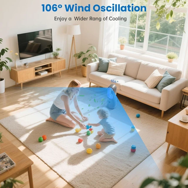 Alt view image 5 of 7 - Desk Fan,13 Inch Portable Bladeless Fan, Small Quiet Office Fan with 106° Oscillating, 3 Speeds & Night light, LED Display, Button Control, Personal Table Fan for Bedroom, Office, Home, Study Room
