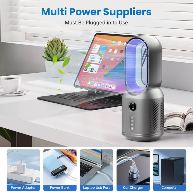 Alt view image 7 of 7 - Desk Fan,13 Inch Portable Bladeless Fan, Small Quiet Office Fan with 106° Oscillating, 3 Speeds & Night light, LED Display, Button Control, Personal Table Fan for Bedroom, Office, Home, Study Room