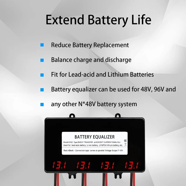 Alt view image 5 of 7 - 48V Battery Voltage Balancer 4 x 12V Equalizer with LED Display for 24V 36V 48V Gel AGM Flood Lead Acid, Lithium Battery (HC02 Balancer)