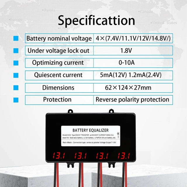 Alt view image 4 of 7 - 48V Battery Voltage Balancer 4 x 12V Equalizer with LED Display for 24V 36V 48V Gel AGM Flood Lead Acid, Lithium Battery (HC02 Balancer)