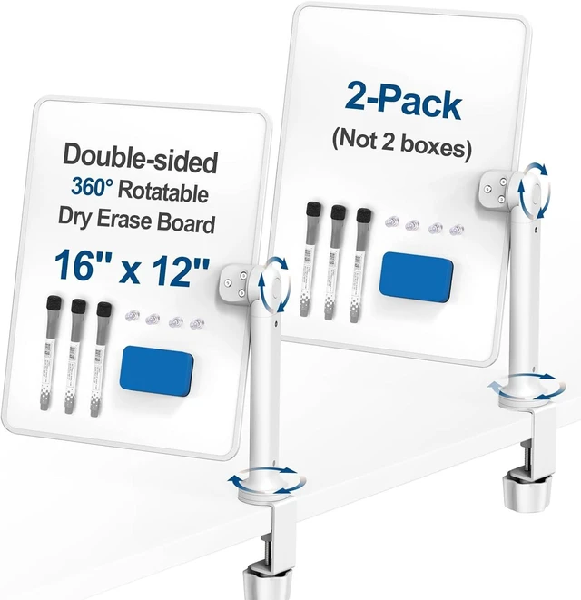 Main image of Double-Sided Desk Whiteboard with Dual 360° Swivel - 16" x 12" Clamp-On Desktop Whiteboard for Tables Under 2.3" Thick for Office, Home, School(2pc)