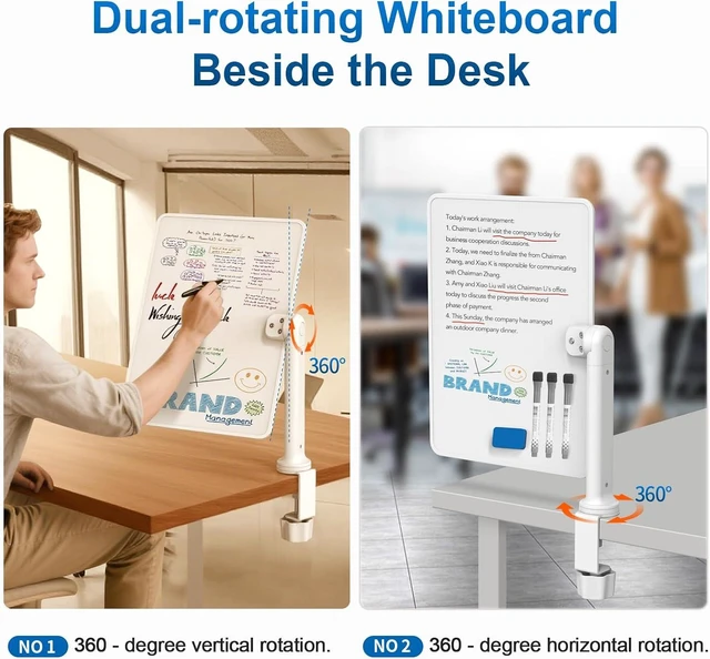 Alt view image 3 of 7 - Double-Sided Desk Whiteboard with Dual 360° Swivel - 16" x 12" Clamp-On Desktop Whiteboard for Tables Under 2.3" Thick for Office, Home, School(2pc)