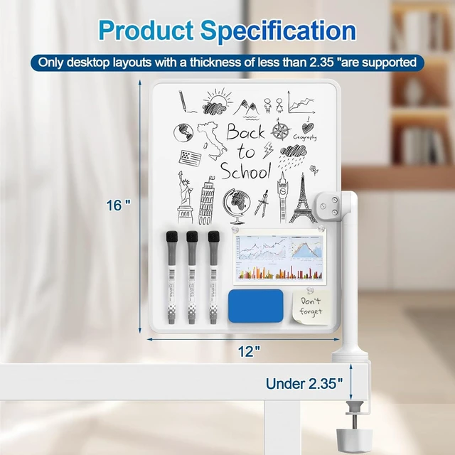 Alt view image 4 of 7 - Double-Sided Desk Whiteboard with Dual 360° Swivel - 16" x 12" Clamp-On Desktop Whiteboard for Tables Under 2.3" Thick for Office, Home, School(2pc)