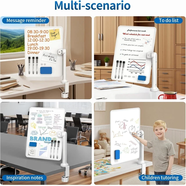 Alt view image 6 of 7 - Double-Sided Desk Whiteboard with Dual 360° Swivel - 16" x 12" Clamp-On Desktop Whiteboard for Tables Under 2.3" Thick for Office, Home, School(2pc)