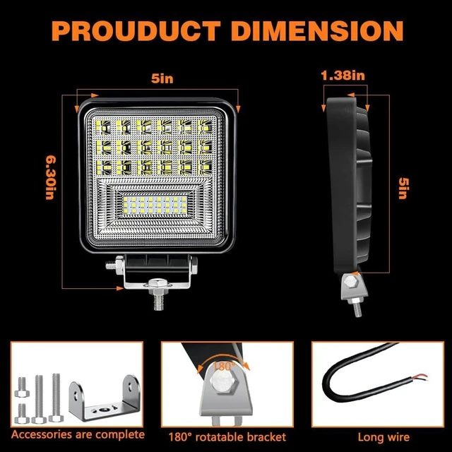 Alt view image 5 of 7 - LED Tractor Work Light 4 Inch 126W LED Light Pod 12V 24V Square Light Bars Spot Flood Off Road Lights Led Pods Driving Fog Light for Truck Golf Car RV Boat Grain Drill, Mower, Snowplow, 10Pcs