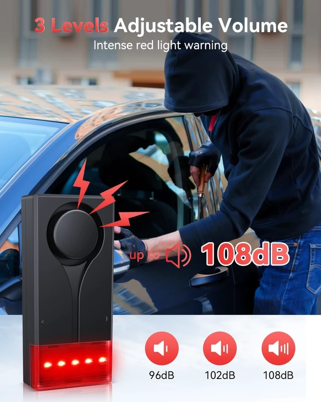 Alt view image 2 of 6 - 108dB Car Vibration Sound & Light Anti-Theft Alarm with Remote, LED Flashing Security Light, Wireless Vehicle Alert, 2 Pcs