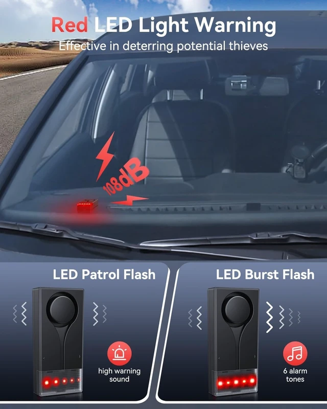 Alt view image 3 of 6 - 108dB Car Vibration Sound & Light Anti-Theft Alarm with Remote, LED Flashing Security Light, Wireless Vehicle Alert, 2 Pcs
