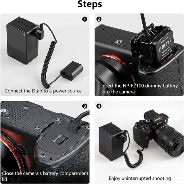 Alt view image 7 of 7 - NP FZ100 Dummy Battery to D tap Coiled Power Cable for FX3 A7III A7RIII A7SIII A7C A7IV A9 Camera
