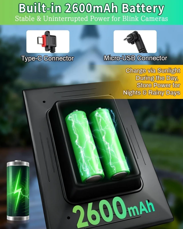 Alt view image 3 of 7 - Solar Panel for Blink Camera, 3W Solar Charger Built-in 2600mAh Battery,IP65 Waterproof Solar Panels for Blink Outdoor 4(4th Gen)/ Outdoor(3rd Gen) XT3 & XT2/XT Camera, with 9.8ft Cable, 2 Pack