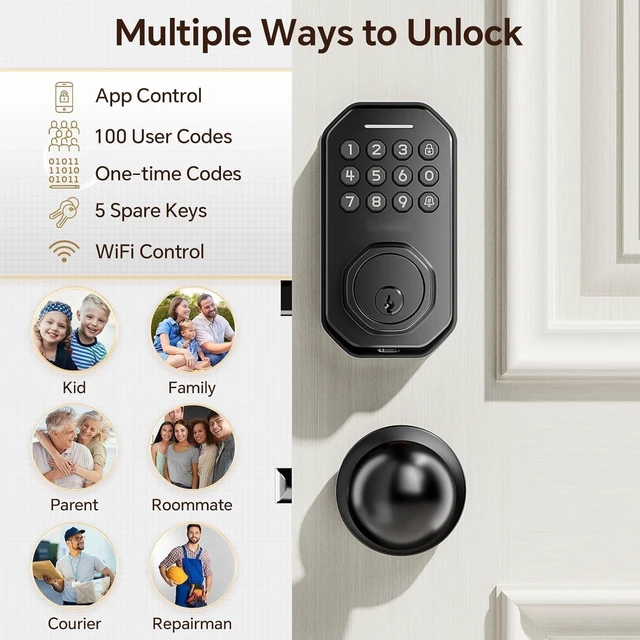 Alt view image 4 of 7 - Keyless Entry Door Lock Set WiFi Smart App Control Door Lock for Front Door Keypad Deadbolt with 2 Knobs Auto Lock One Time Codes Easy Install, Black